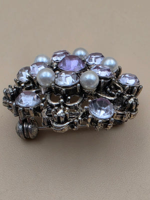 Antiqued Silver Tone/Clear/Purple Rhinestone/Faux Pearl Mid 20th Century Brooch