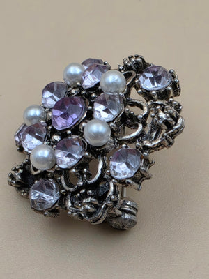 Antiqued Silver Tone/Clear/Purple Rhinestone/Faux Pearl Mid 20th Century Brooch
