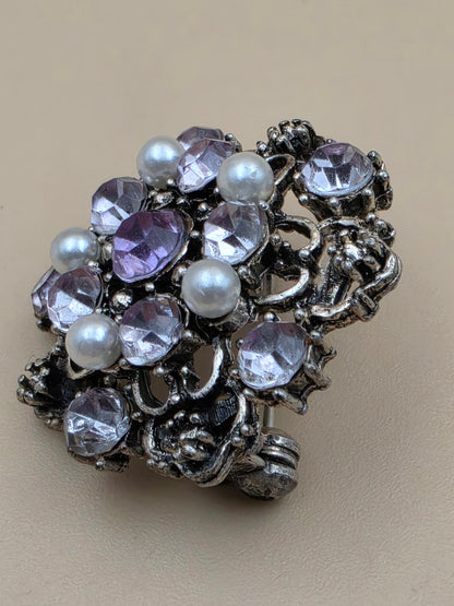 Antiqued Silver Tone/Clear/Purple Rhinestone/Faux Pearl Mid 20th Century Brooch