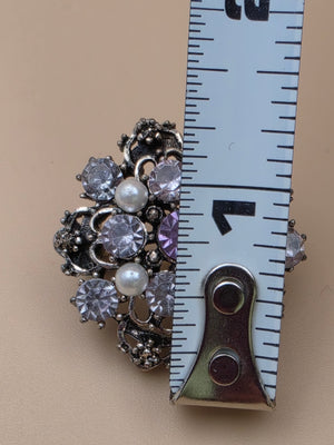 Antiqued Silver Tone/Clear/Purple Rhinestone/Faux Pearl Mid 20th Century Brooch