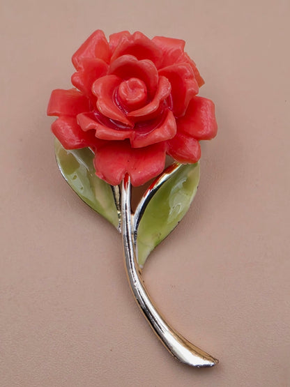 JONETTE JEWELRY J.J. Vintage 1988 Orange/Green/Gold Tone Rose Brooch