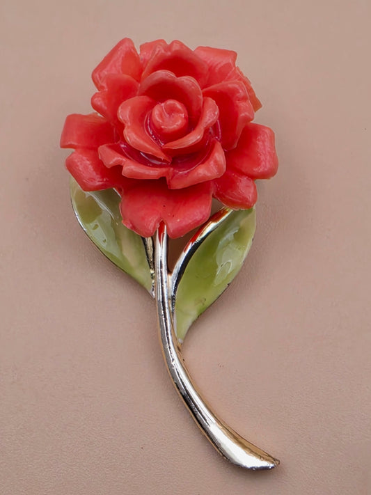 JONETTE JEWELRY J.J. Vintage 1988 Orange/Green/Gold Tone Rose Brooch
