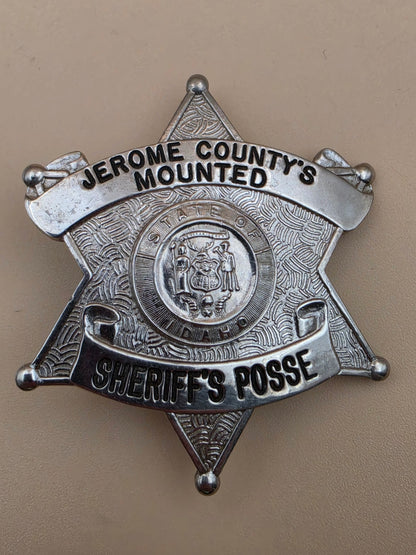 C.W. NIELSEN MANUFACTURING  Silver Tone 6 Point Star Jerome County State of Idaho Mounted Sheriff's Posse Badge