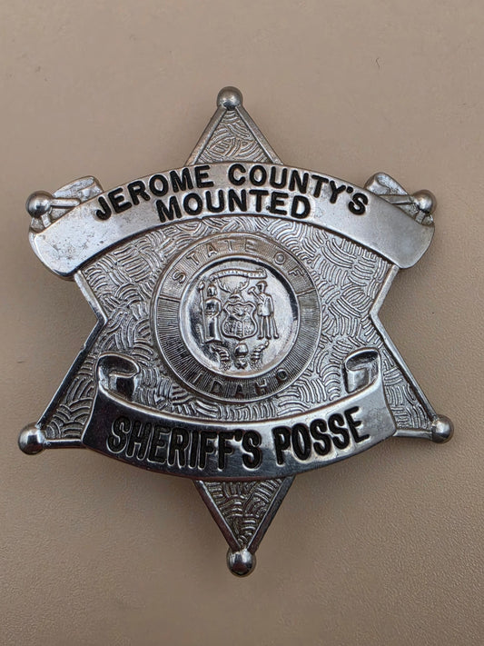 C.W. NIELSEN MANUFACTURING  Silver Tone 6 Point Star Jerome County State of Idaho Mounted Sheriff's Posse Badge