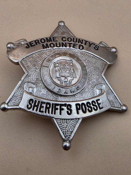C.W. NIELSEN MANUFACTURING  Silver Tone 6 Point Star Jerome County State of Idaho Mounted Sheriff's Posse Badge