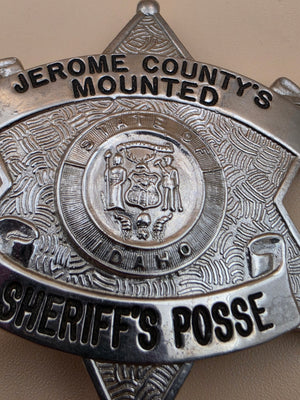 C.W. NIELSEN MANUFACTURING  Silver Tone 6 Point Star Jerome County State of Idaho Mounted Sheriff's Posse Badge