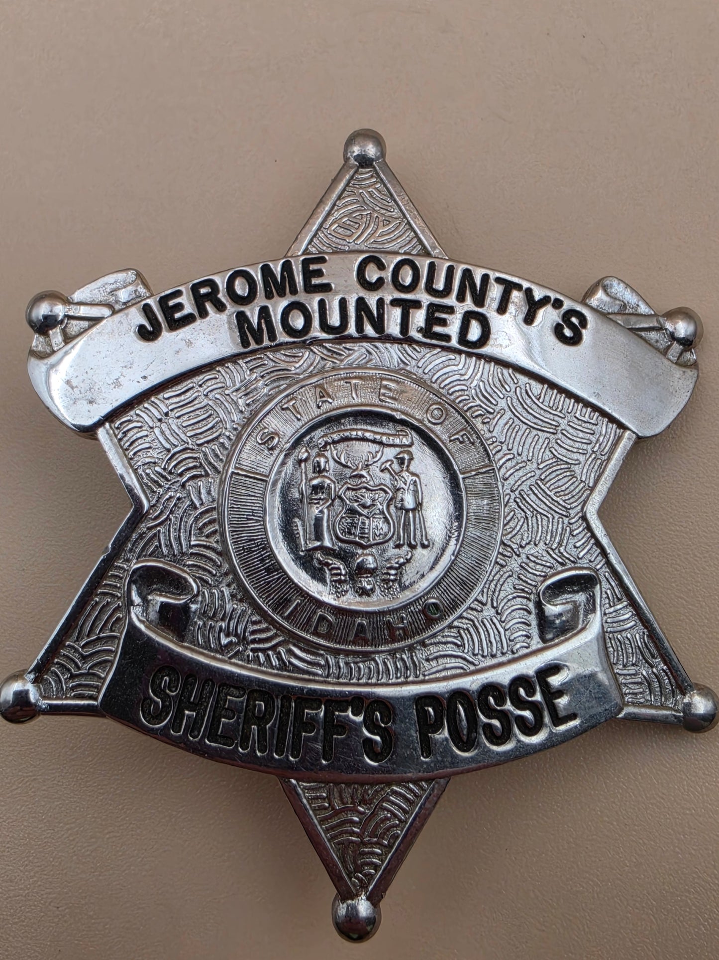 C.W. NIELSEN MANUFACTURING  Silver Tone 6 Point Star Jerome County State of Idaho Mounted Sheriff's Posse Badge