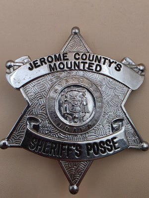 C.W. NIELSEN MANUFACTURING  Silver Tone 6 Point Star Jerome County State of Idaho Mounted Sheriff's Posse Badge