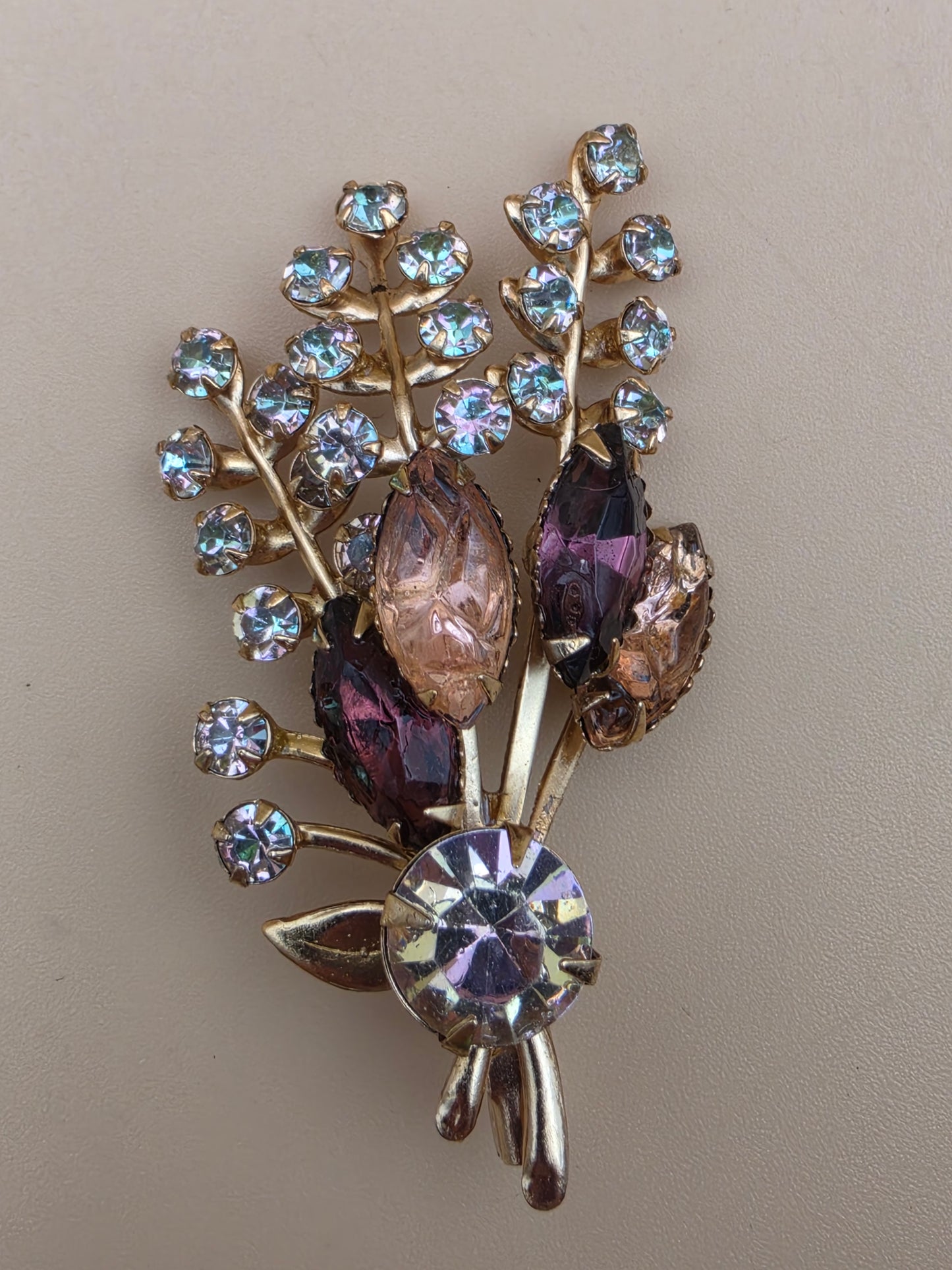 Prong Set/Marquise Cut and Chaton Rhinestones/Purple and Pink Floral Spray Brooch