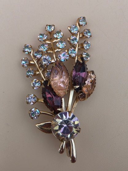 Prong Set/Marquise Cut and Chaton Rhinestones/Purple and Pink Floral Spray Brooch