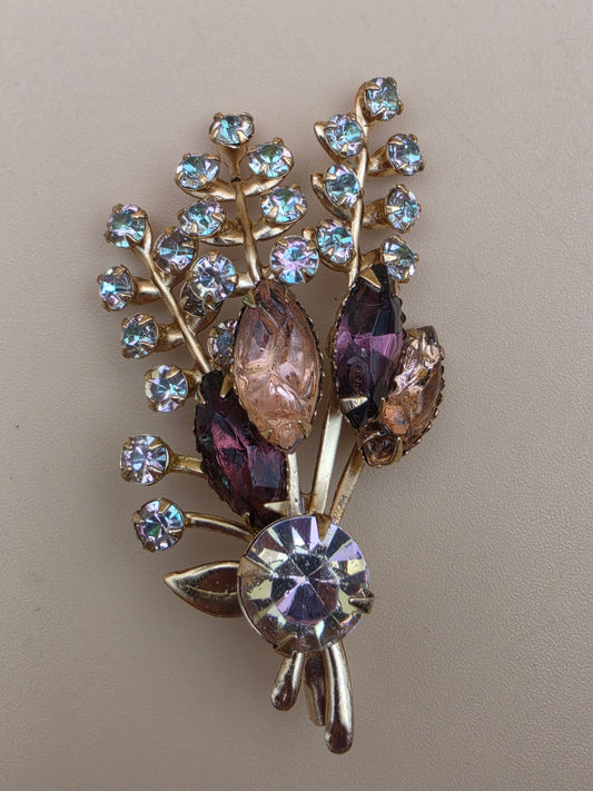 Prong Set/Marquise Cut and Chaton Rhinestones/Purple and Pink Floral Spray Brooch