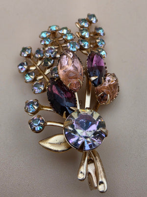 Prong Set/Marquise Cut and Chaton Rhinestones/Purple and Pink Floral Spray Brooch