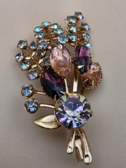 Prong Set/Marquise Cut and Chaton Rhinestones/Purple and Pink Floral Spray Brooch