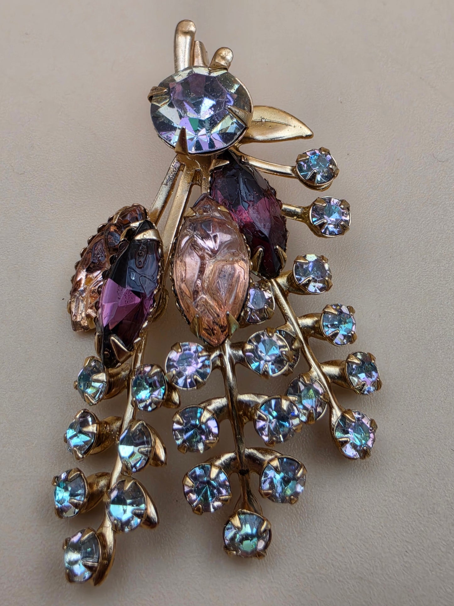 Prong Set/Marquise Cut and Chaton Rhinestones/Purple and Pink Floral Spray Brooch