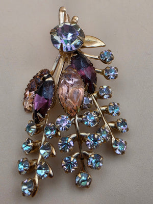 Prong Set/Marquise Cut and Chaton Rhinestones/Purple and Pink Floral Spray Brooch