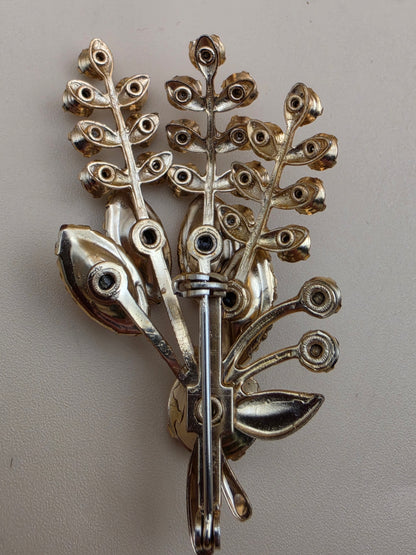 Prong Set/Marquise Cut and Chaton Rhinestones/Purple and Pink Floral Spray Brooch