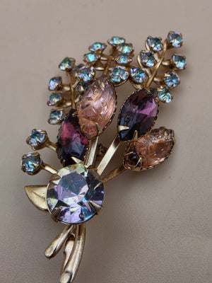 Prong Set/Marquise Cut and Chaton Rhinestones/Purple and Pink Floral Spray Brooch