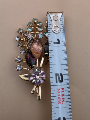 Prong Set/Marquise Cut and Chaton Rhinestones/Purple and Pink Floral Spray Brooch