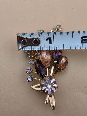 Prong Set/Marquise Cut and Chaton Rhinestones/Purple and Pink Floral Spray Brooch