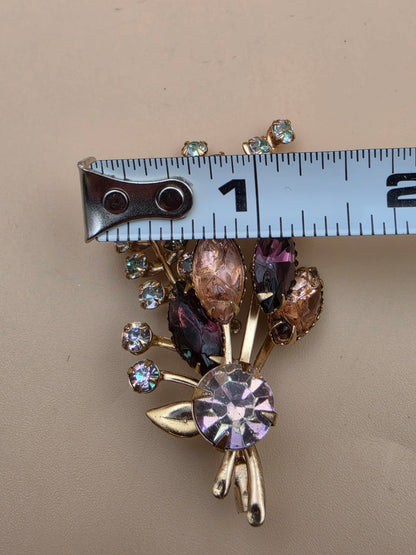 Prong Set/Marquise Cut and Chaton Rhinestones/Purple and Pink Floral Spray Brooch