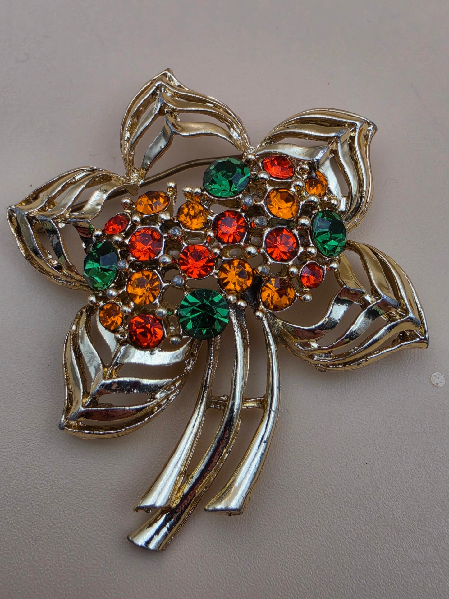 Vintage Gold Tone/ Orange and Green Rhinestone Flower Brooch
