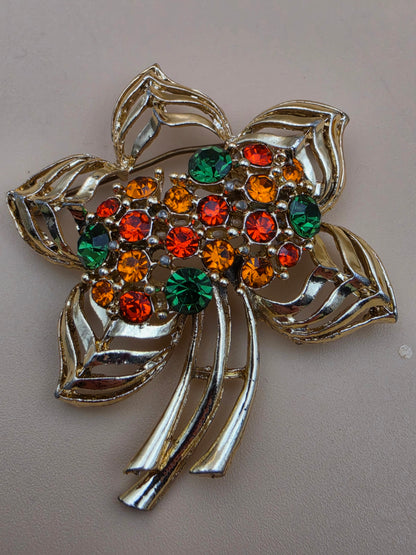 Vintage Gold Tone/ Orange and Green Rhinestone Flower Brooch
