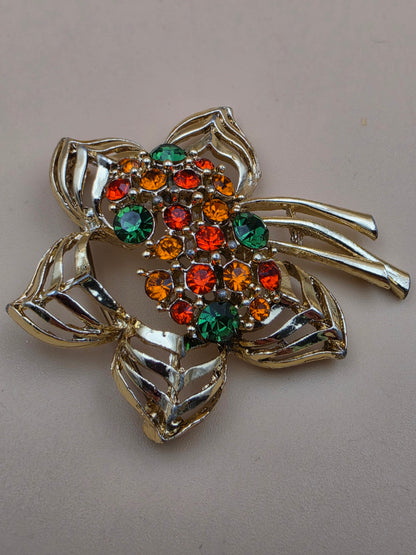 Vintage Gold Tone/ Orange and Green Rhinestone Flower Brooch