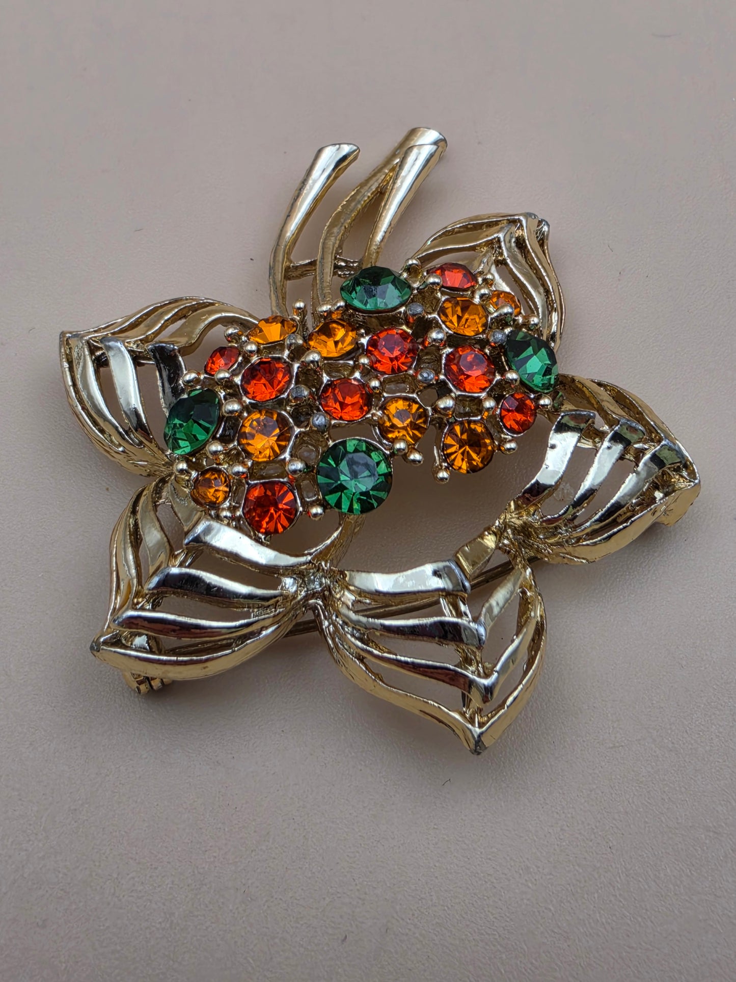 Vintage Gold Tone/ Orange and Green Rhinestone Flower Brooch