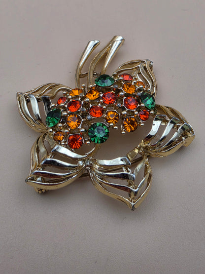 Vintage Gold Tone/ Orange and Green Rhinestone Flower Brooch