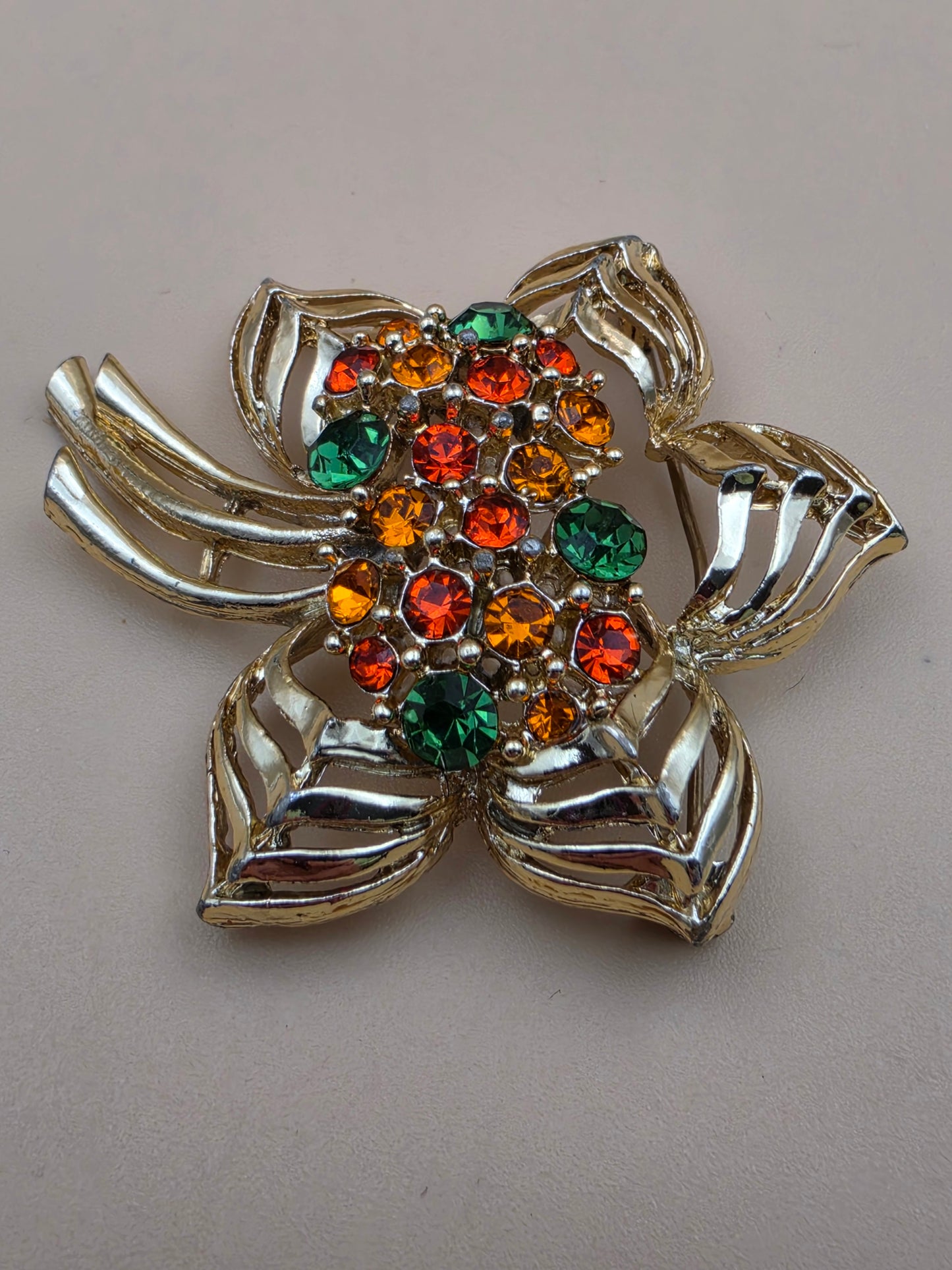 Vintage Gold Tone/ Orange and Green Rhinestone Flower Brooch