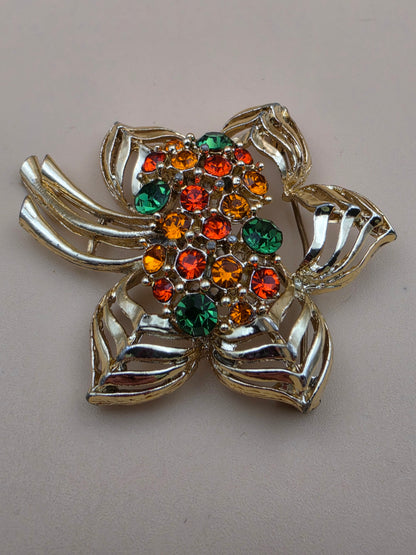 Vintage Gold Tone/ Orange and Green Rhinestone Flower Brooch