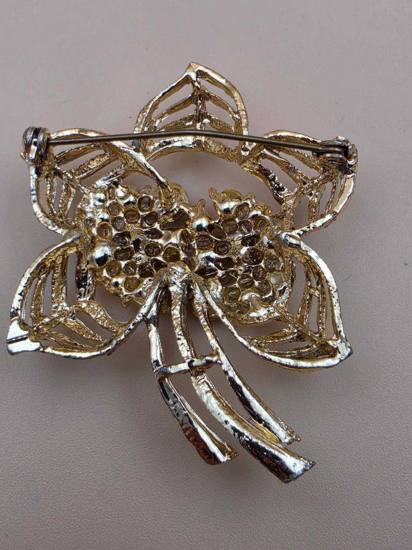 Vintage Gold Tone/ Orange and Green Rhinestone Flower Brooch