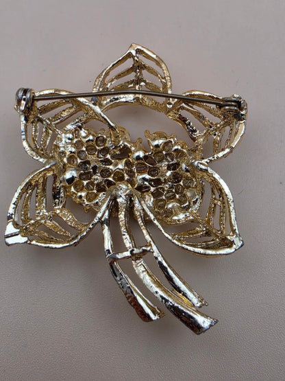 Vintage Gold Tone/ Orange and Green Rhinestone Flower Brooch