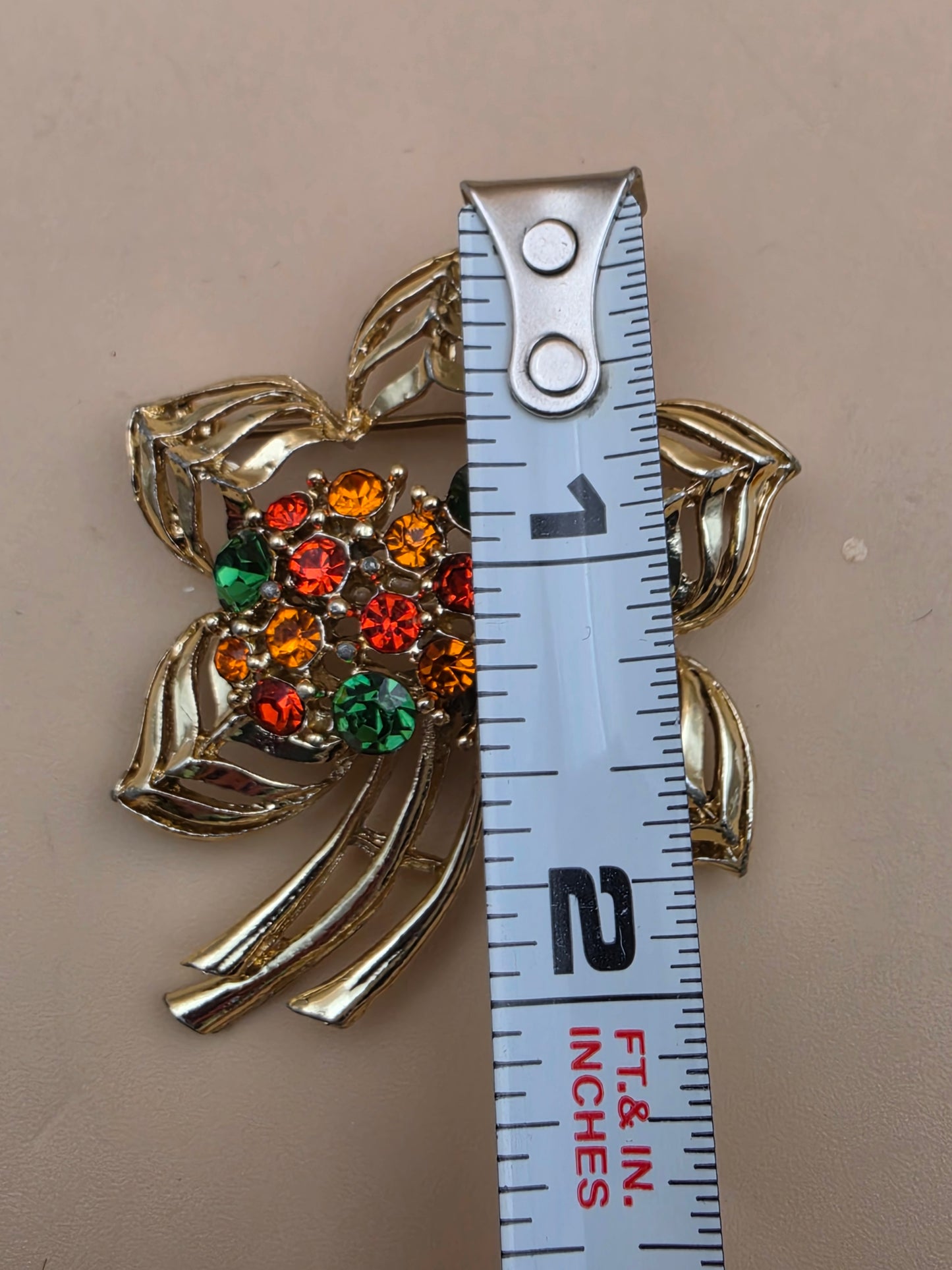 Vintage Gold Tone/ Orange and Green Rhinestone Flower Brooch