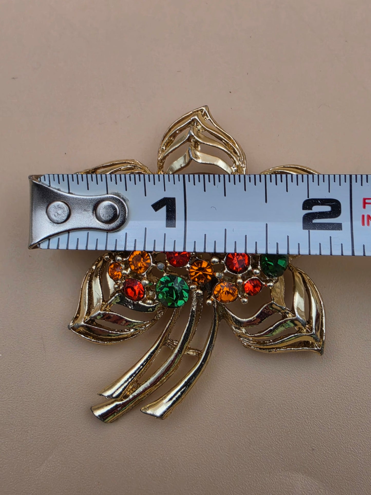 Vintage Gold Tone/ Orange and Green Rhinestone Flower Brooch