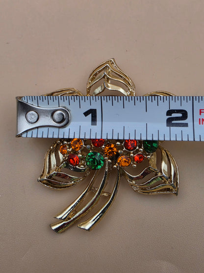Vintage Gold Tone/ Orange and Green Rhinestone Flower Brooch