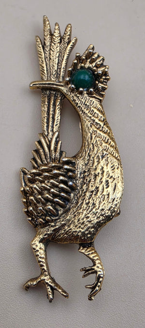 AMBASSADOR Gold Tone/Green Stone Stylized Vintage Road Runner Brooch