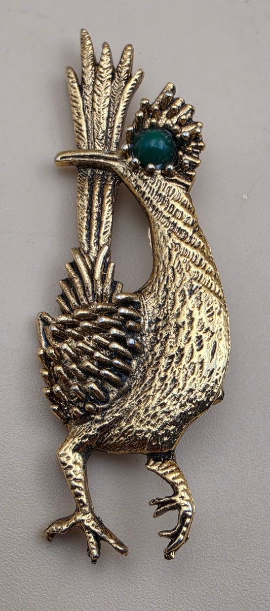 AMBASSADOR Gold Tone/Green Stone Stylized Vintage Road Runner Brooch