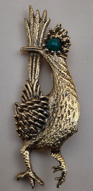 AMBASSADOR Gold Tone/Green Stone Stylized Vintage Road Runner Brooch