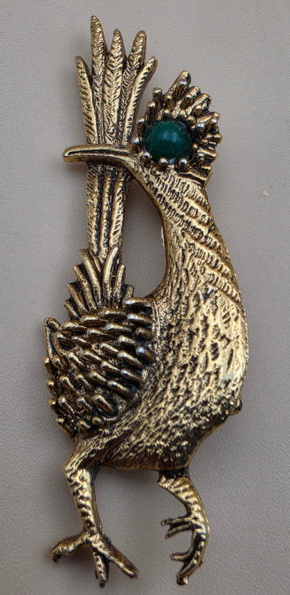 AMBASSADOR Gold Tone/Green Stone Stylized Vintage Road Runner Brooch