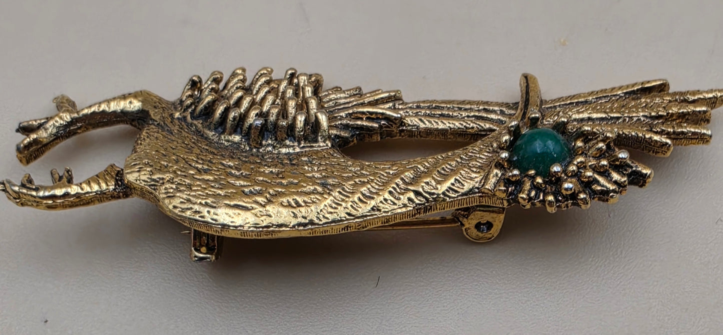 AMBASSADOR Gold Tone/Green Stone Stylized Vintage Road Runner Brooch