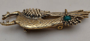 AMBASSADOR Gold Tone/Green Stone Stylized Vintage Road Runner Brooch