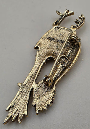 AMBASSADOR Gold Tone/Green Stone Stylized Vintage Road Runner Brooch