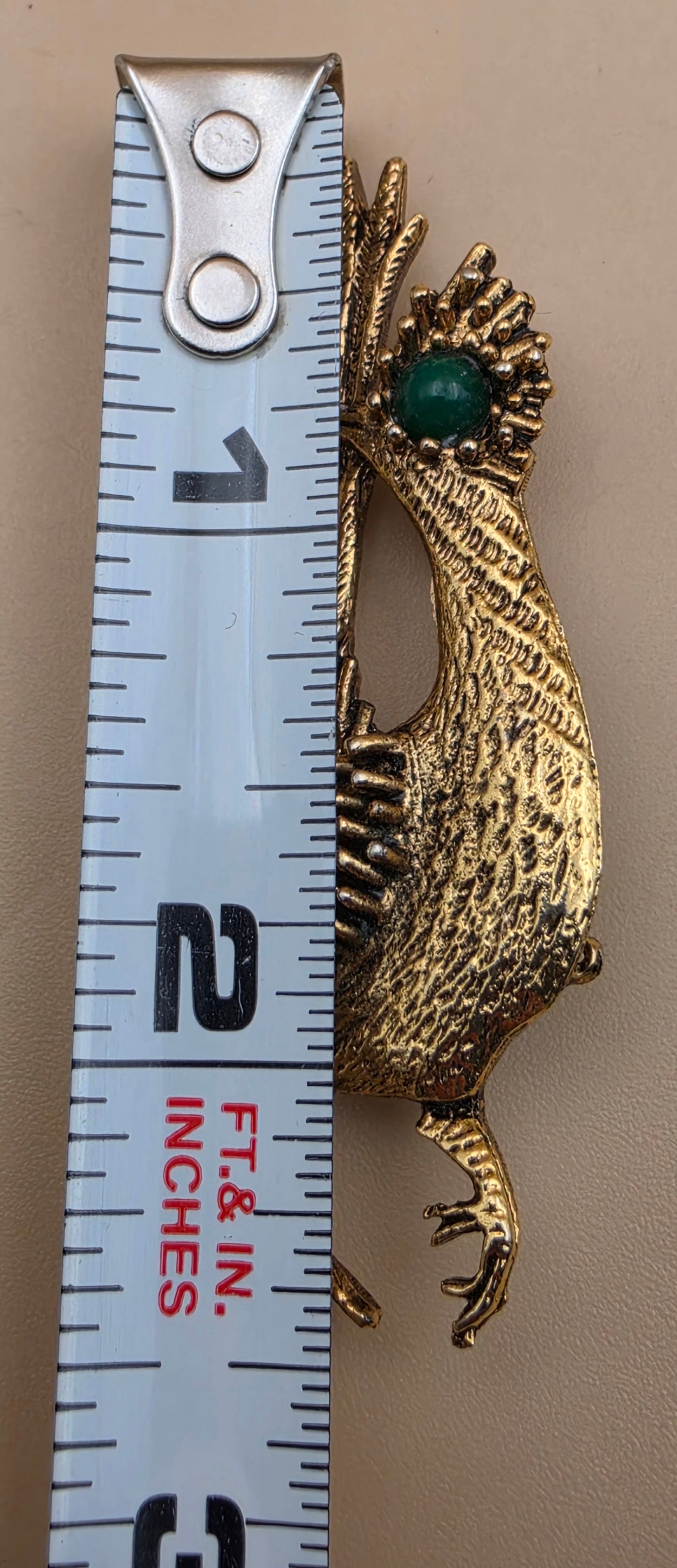 AMBASSADOR Gold Tone/Green Stone Stylized Vintage Road Runner Brooch