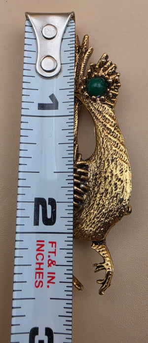 AMBASSADOR Gold Tone/Green Stone Stylized Vintage Road Runner Brooch