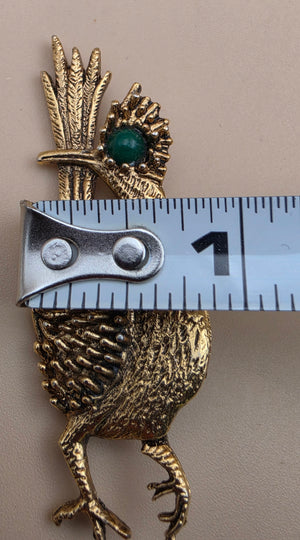 AMBASSADOR Gold Tone/Green Stone Stylized Vintage Road Runner Brooch