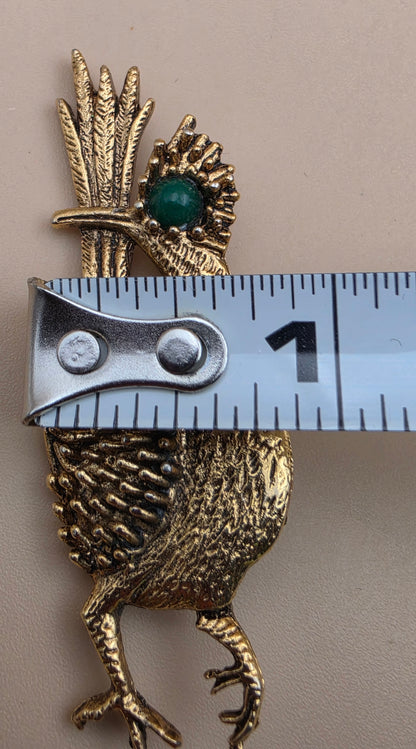 AMBASSADOR Gold Tone/Green Stone Stylized Vintage Road Runner Brooch