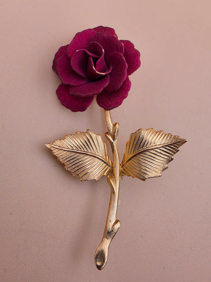 Gold Tone/Red Matte Finish Rose/Textured Leaf Vintage Brooch