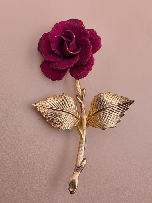 Gold Tone/Red Matte Finish Rose/Textured Leaf Vintage Brooch