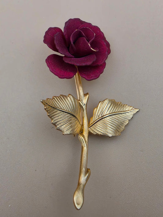 Gold Tone/Red Matte Finish Rose/Textured Leaf Vintage Brooch